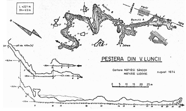 Harta Pestera din Valea Luncii - dupa Matyasi Lajos si Matyasi Sandor