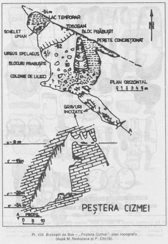 Harta - Pestera Cizmei - M.Dedapoca si P. Chirila - Repertoriul Arheologic al depresiunii Brad.