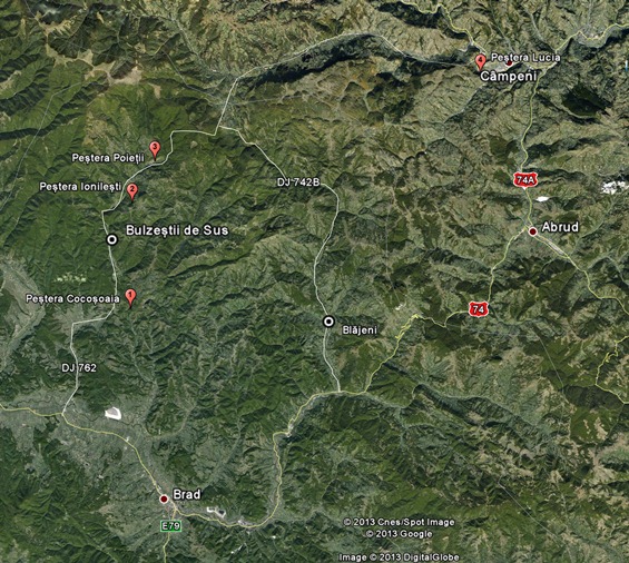 Fig.1. Localizarea peșterilor (schiță modificată după wikimapia.org)  